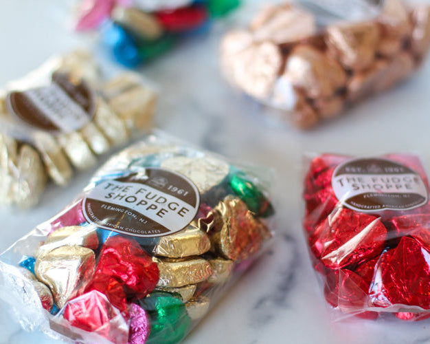 Foiled Chocolate Hearts on a marble surface