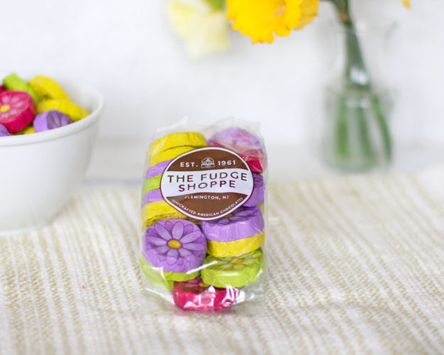milk foiled daisies on a tablecloth