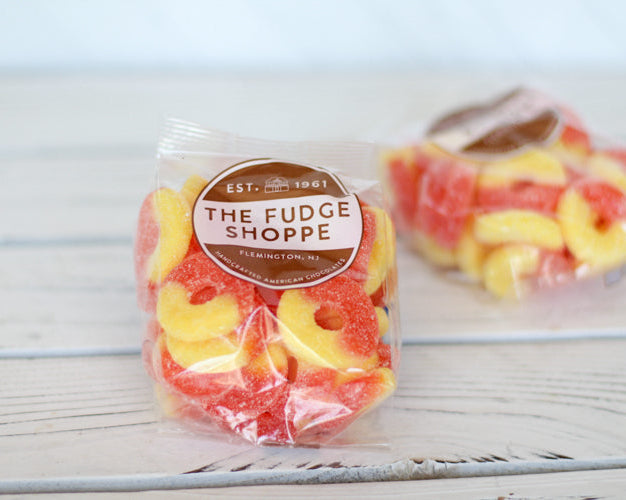 peach rings against a white background
