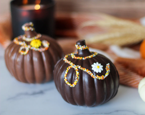 Chocolate Decorated Pumpkin with fall decorations behind it